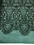Sequins Hunter Green Lace Fabric, DAMASK Design Embroidered on a Mesh 4 way Stretch Sequin By The Yard -Prom-Gown ( Choose The Size )
