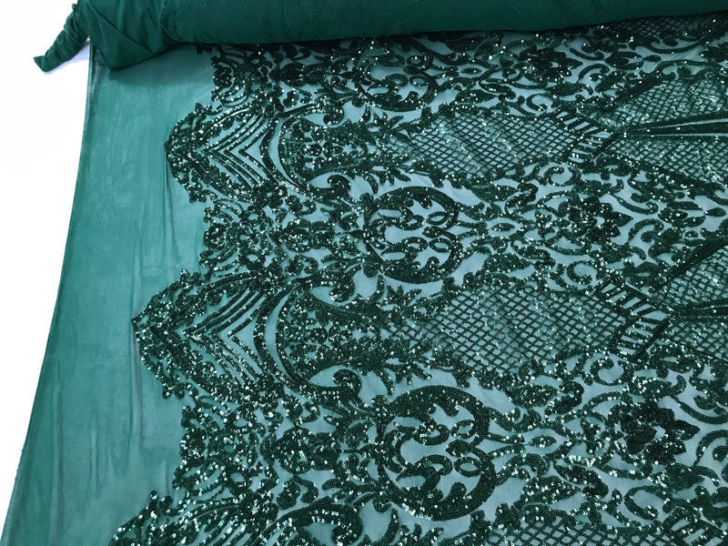 Sequins Hunter Green Lace Fabric, DAMASK Design Embroidered on a Mesh 4 way Stretch Sequin By The Yard -Prom-Gown ( Choose The Size )