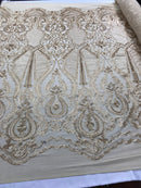 Sequins Matte Gold Lace Fabric, DAMASK Design Embroidered on a Mesh 4 way Stretch Sequin By The Yard -Prom-Gown ( Choose The Size )