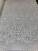 Sequins White Lace Fabric, DAMASK Design Embroidered on a Mesh 4 way Stretch Sequin By The Yard -Prom-Gown ( Choose The Size )