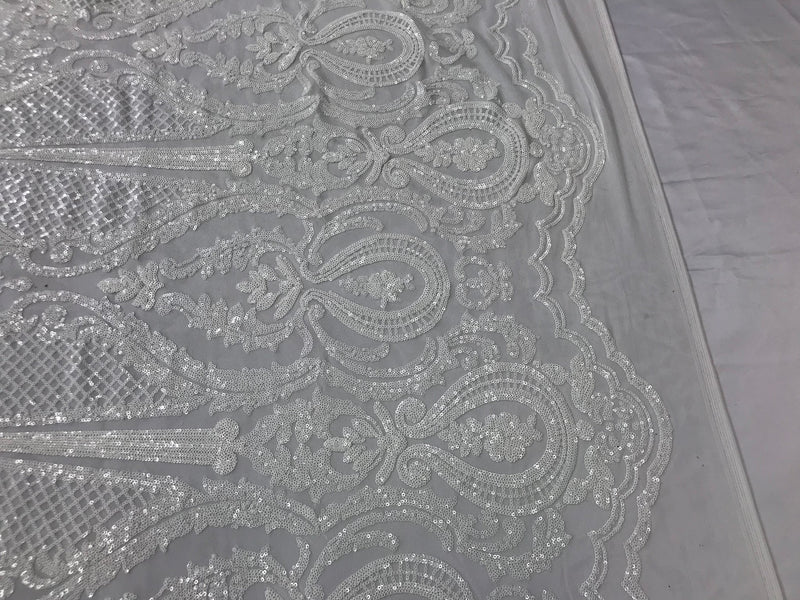Sequins White Lace Fabric, DAMASK Design Embroidered on a Mesh 4 way Stretch Sequin By The Yard -Prom-Gown ( Choose The Size )