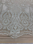 Sequins White Lace Fabric, DAMASK Design Embroidered on Nude Mesh 4 way Stretch Sequin By The Yard -Prom-Gown ( Choose The Size )