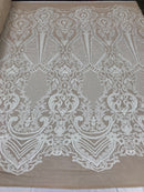 Sequins White Lace Fabric, DAMASK Design Embroidered on Nude Mesh 4 way Stretch Sequin By The Yard -Prom-Gown ( Choose The Size )