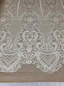 Sequins White Lace Fabric, DAMASK Design Embroidered on Nude Mesh 4 way Stretch Sequin By The Yard -Prom-Gown ( Choose The Size )