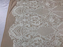 Sequins White Lace Fabric, DAMASK Design Embroidered on Nude Mesh 4 way Stretch Sequin By The Yard -Prom-Gown ( Choose The Size )