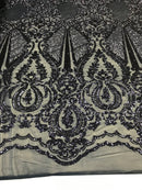 Sequins Navy Lace Fabric, DAMASK Design Embroidered on Mesh 4 way Stretch Sequin By The Yard -Prom-Gown ( Choose The Size )