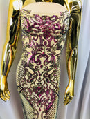 Sequins Iridescent Purple Lace Fabric, DAMASK Design Embroidered on Mesh 4 way Stretch Sequin By The Yard -Prom-Gown ( Choose The Size )