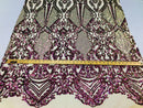 Sequins Iridescent Purple Lace Fabric, DAMASK Design Embroidered on Mesh 4 way Stretch Sequin By The Yard -Prom-Gown ( Choose The Size )