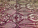 Sequins Iridescent Purple Lace Fabric, DAMASK Design Embroidered on Mesh 4 way Stretch Sequin By The Yard -Prom-Gown ( Choose The Size )