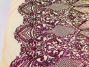 Sequins Iridescent Purple Lace Fabric, DAMASK Design Embroidered on Mesh 4 way Stretch Sequin By The Yard -Prom-Gown ( Choose The Size )