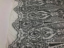 Sequins Silver Lace Fabric, DAMASK Design Embroidered on Mesh 4 way Stretch Sequin By The Yard -Prom-Gown ( Choose The Size )