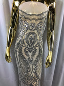 Sequins Silver Lace Fabric, DAMASK Design Embroidered on Mesh 4 way Stretch Sequin By The Yard -Prom-Gown ( Choose The Size )