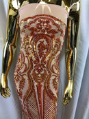 Sequins Iridescent Orange Lace Fabric, DAMASK Design Embroidered on Mesh 4 way Stretch Sequin By The Yard -Prom-Gown ( Choose The Size )