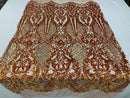 Sequins Iridescent Orange Lace Fabric, DAMASK Design Embroidered on Mesh 4 way Stretch Sequin By The Yard -Prom-Gown ( Choose The Size )