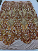 Sequins Iridescent Orange Lace Fabric, DAMASK Design Embroidered on Mesh 4 way Stretch Sequin By The Yard -Prom-Gown ( Choose The Size )