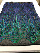 Sequins Iridescent Green Lace Fabric, DAMASK Design Embroidered on Mesh 4 way Stretch Sequin By The Yard -Prom-Gown ( Choose The Size )