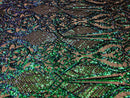 Sequins Iridescent Green Lace Fabric, DAMASK Design Embroidered on Mesh 4 way Stretch Sequin By The Yard -Prom-Gown ( Choose The Size )