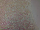 Sequins Iridescent Pink Lace Fabric, DAMASK Design Embroidered on Mesh 4 way Stretch Sequin By The Yard -Prom-Gown ( Choose The Size )