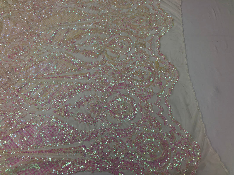 Sequins Iridescent Pink Lace Fabric, DAMASK Design Embroidered on Mesh 4 way Stretch Sequin By The Yard -Prom-Gown ( Choose The Size )
