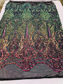 Sequins Rainbow Lace Fabric, DAMASK Design Embroidered on Mesh 4 way Stretch Sequin By The Yard -Prom-Gown ( Choose The Size )