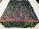 Sequins Rainbow Lace Fabric, DAMASK Design Embroidered on Mesh 4 way Stretch Sequin By The Yard -Prom-Gown ( Choose The Size )