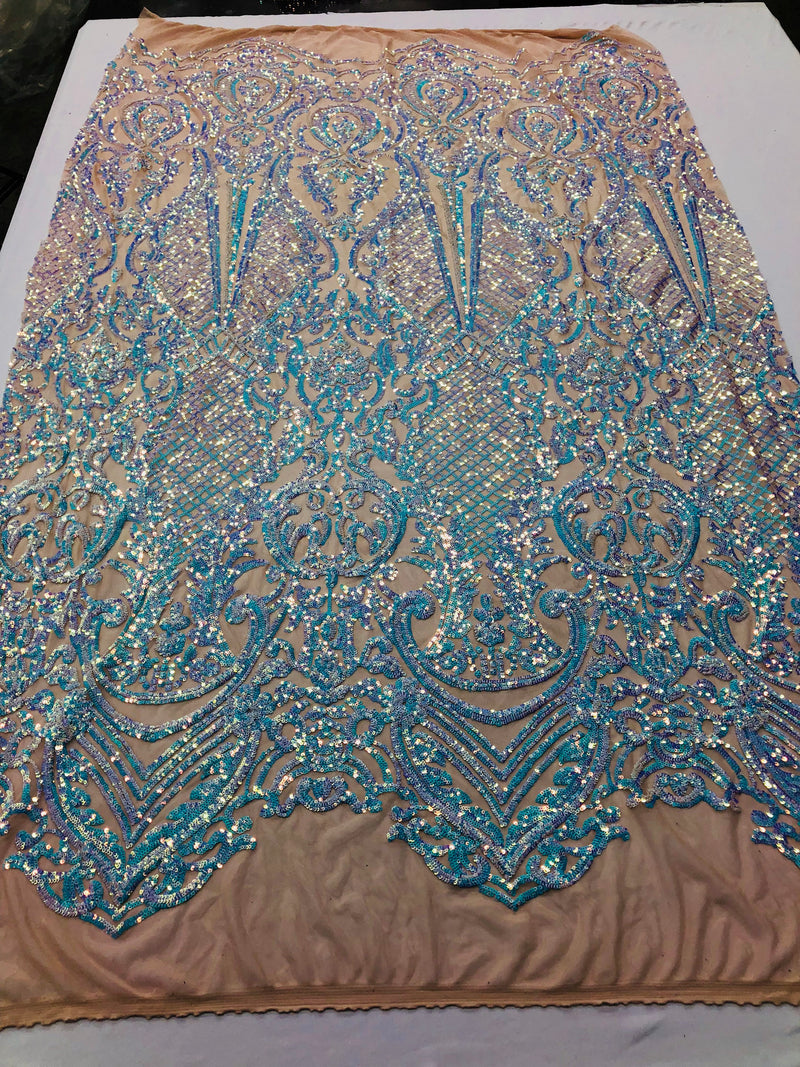 Sequins Aqua Lace Fabric, DAMASK Design Embroidered on Mesh 4 way Stretch Sequin By The Yard -Prom-Gown ( Choose The Size )