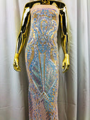 Sequins Aqua Lace Fabric, DAMASK Design Embroidered on Mesh 4 way Stretch Sequin By The Yard -Prom-Gown ( Choose The Size )