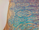 Sequins Aqua Lace Fabric, DAMASK Design Embroidered on Mesh 4 way Stretch Sequin By The Yard -Prom-Gown ( Choose The Size )