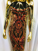 Sequins Orange Lace Fabric, DAMASK Design Embroidered on Mesh 4 way Stretch Sequin By The Yard -Prom-Gown ( Choose The Size )