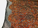 Sequins Orange Lace Fabric, DAMASK Design Embroidered on Mesh 4 way Stretch Sequin By The Yard -Prom-Gown ( Choose The Size )
