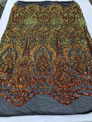 Sequins Orange Lace Fabric, DAMASK Design Embroidered on Mesh 4 way Stretch Sequin By The Yard -Prom-Gown ( Choose The Size )
