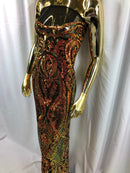 Sequins Orange Lace Fabric, DAMASK Design Embroidered on Mesh 4 way Stretch Sequin By The Yard -Prom-Gown ( Choose The Size )