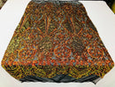 Sequins Orange Lace Fabric, DAMASK Design Embroidered on Mesh 4 way Stretch Sequin By The Yard -Prom-Gown ( Choose The Size )
