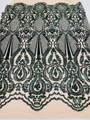 Sequins Hunter Green Lace Fabric, DAMASK Design Embroidered on Nude Mesh 4 way Stretch Sequin By The Yard -Prom-Gown ( Choose The Size )