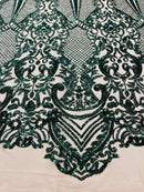 Sequins Hunter Green Lace Fabric, DAMASK Design Embroidered on Nude Mesh 4 way Stretch Sequin By The Yard -Prom-Gown ( Choose The Size )