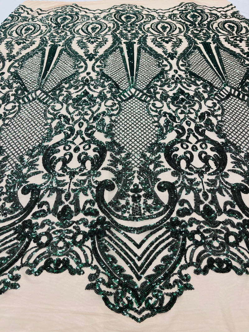 Sequins Hunter Green Lace Fabric, DAMASK Design Embroidered on Nude Mesh 4 way Stretch Sequin By The Yard -Prom-Gown ( Choose The Size )