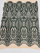 Sequins Hunter Green Lace Fabric, DAMASK Design Embroidered on Nude Mesh 4 way Stretch Sequin By The Yard -Prom-Gown ( Choose The Size )
