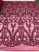 Sequins Burgundy Lace Fabric, DAMASK Design Embroidered on a Mesh 4 way Stretch Sequin By The Yard -Prom-Gown ( Choose The Size )