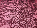 Sequins Burgundy Lace Fabric, DAMASK Design Embroidered on a Mesh 4 way Stretch Sequin By The Yard -Prom-Gown ( Choose The Size )