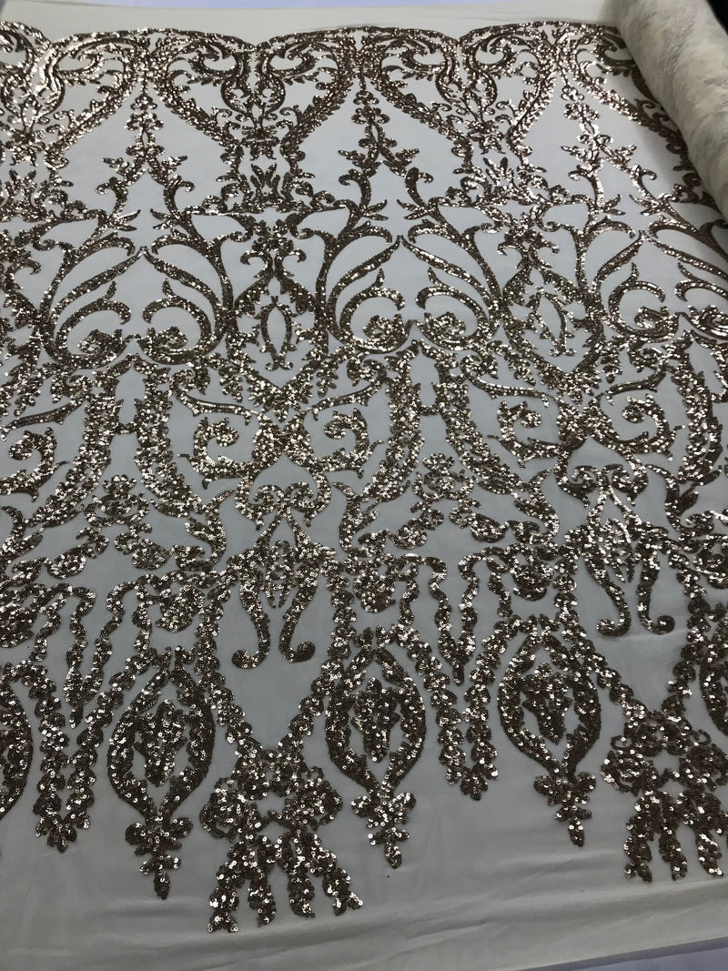 Sequins Gold Lace Fabric, DAMASK Design Embroidered on a Mesh 4 way Stretch Sequin By The Yard -Prom-Gown ( Choose The Size )
