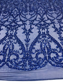 Sequins Royal Blue Lace Fabric, DAMASK Design Embroidered on a Mesh 4 way Stretch Sequin By The Yard -Prom-Gown ( Choose The Size )