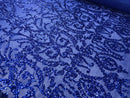 Sequins Royal Blue Lace Fabric, DAMASK Design Embroidered on a Mesh 4 way Stretch Sequin By The Yard -Prom-Gown ( Choose The Size )