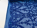 Sequins Royal Blue Lace Fabric, DAMASK Design Embroidered on a Mesh 4 way Stretch Sequin By The Yard -Prom-Gown ( Choose The Size )