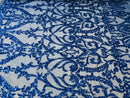Sequins Royal Blue Lace Fabric, DAMASK Design Embroidered on a Mesh 4 way Stretch Sequin By The Yard -Prom-Gown ( Choose The Size )