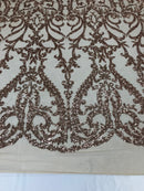 Rose Gold Sequins Lace Fabric, DAMASK Design Embroidered on a Mesh 4 way Stretch Sequin By The Yard -Prom-Gown ( Choose The Size )