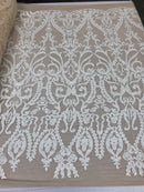 White Sequins Lace Fabric, DAMASK Design Embroidered on Nude Mesh 4 way Stretch Sequin By The Yard -Prom-Gown ( Choose The Size )