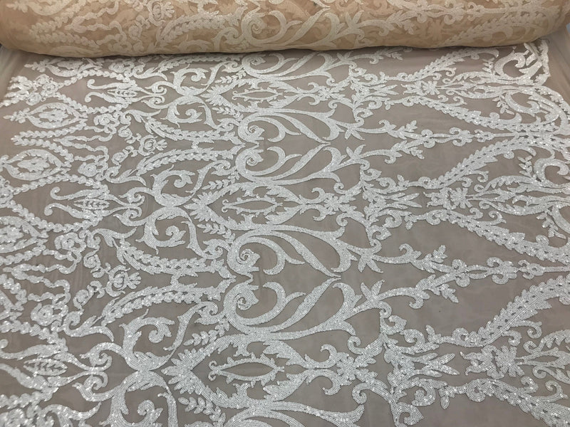 White Sequins Lace Fabric, DAMASK Design Embroidered on Nude Mesh 4 way Stretch Sequin By The Yard -Prom-Gown ( Choose The Size )