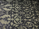 Navy Sequins Lace Fabric, DAMASK Design Embroidered on a Mesh 4 way Stretch Sequin By The Yard -Prom-Gown ( Choose The Size )