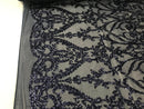 Navy Sequins Lace Fabric, DAMASK Design Embroidered on a Mesh 4 way Stretch Sequin By The Yard -Prom-Gown ( Choose The Size )