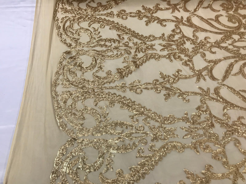 Matte Gold Sequins Lace Fabric, DAMASK Design Embroidered on a Mesh 4 way Stretch Sequin By The Yard -Prom-Gown ( Choose The Size )